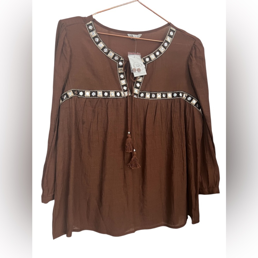 Catos Top Size Small Chocolate Brown W/Bling And Tassel Tie NWT